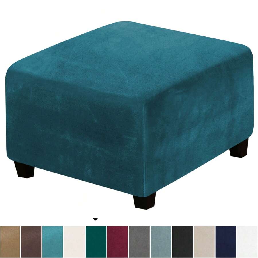 Square Ottoman Cover, Velvet Ottoman Slipcover Removable Thick Stretchable Footrest Stool Covers With Elastic Band For Ottoman 27''-32'' - Teal Blue - View 1