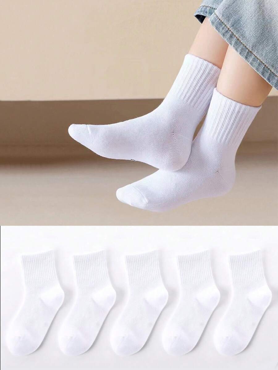 5 pares de calcetines blancos tipo tripulación para niños, calcetines transpirables para niños y niñas adecuados para la vida diaria y el regreso a la escuela, calcetines de invierno - Blanco - Ver 1