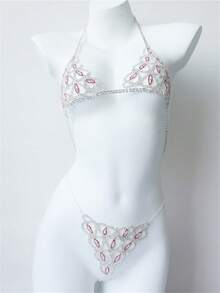 性感華麗的紅色心形鑽石比基尼身鏈,非常適合夏季沙灘 - 紅色 - 查看 1