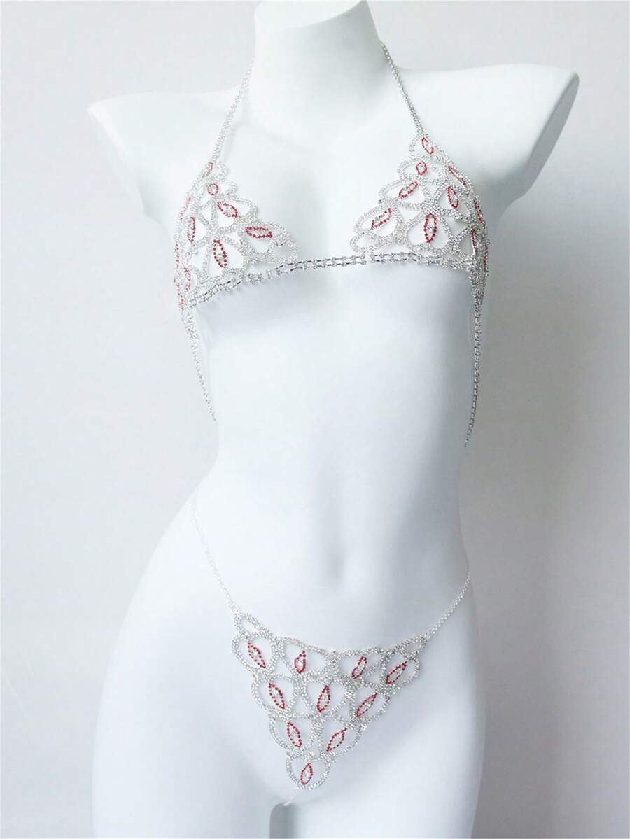 性感華麗的紅色心形鑽石比基尼身鏈,非常適合夏季沙灘 - 紅色 - 查看 1