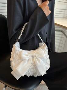 Lightweight, Business Casual Argyle Princess Faux Pearl & Rhinestone Pearl Chain & Decor Jacquard Bow & Faux Pearl Decor Bag For Party, Wedding, Prom And Dinner, Lipsticks, Women's Pearl Bag For Teen Girls Women College Students, Rookies & White-Collar Workers Perfect For Office, College, Work, Business, Commute, Outdoors, Travel, Outings, Perfect Valentine's Day Gift For Her, Bow Purse For Women, Best Valentine's Gift Choice Ever