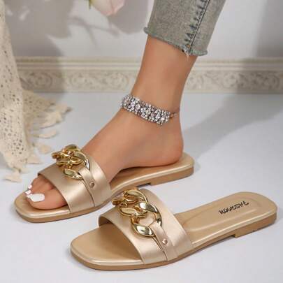 Women's Gold Color Slip On Sandals With Chain Link Detailing, Comfortable And Stylish For Indoor And Outdoor Use