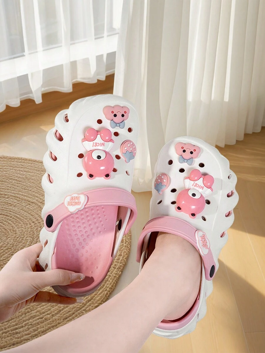 女士伴侶厚底防滑柔軟可愛沙灘開腳空心果凍鞋,含裝飾扣,夏季 - 粉色 - 查看 1