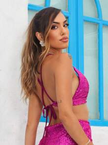 Blusa Cropped Top Tipo Sutia no Paete de festa brilho luxo - Fúcsia - Visão 2