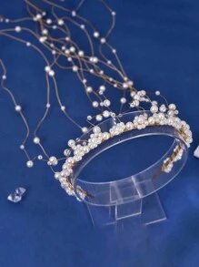 1 件珍珠流苏头带，优雅时尚新娘发饰，适合婚礼、派对、秋季 - 金色 - 查看 9