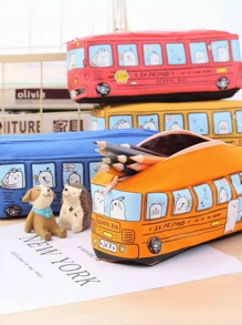 1 pièce Sac à crayon bus créatif à grande capacité, boîte à papeterie en canevas avec motif mignon de bus scolaire. Convient comme fournitures scolaires légères pour les étudiants, rangement de bureau et d'ordinateur de bureau. Rentrée scolaire, fournitures scolaires, trousse à crayons, sac scolaire