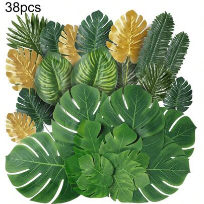 38 片 8 种人造热带棕榈叶热带叶龟背竹叶丛林叶带茎适用于夏威夷卢奥派对海滩桌婚礼派对生日主题装饰礼物毕业典礼，假植物