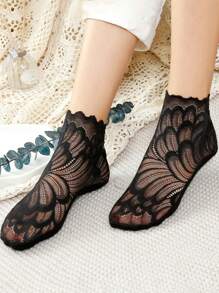 Lace Flower Short Socks With Lace Trimmed, Peony Mid-Calf Socks With Sole Valentine's Day Valentines - Black - View 1