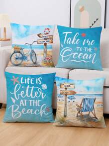 4 Stücke/set Buchstabe & Strandszenerie Kissenbezüge, Moderner Stil Samt Druck Kissenbezug, Heimdekoration Ohne Füllung, Geeignet Für Sofa/schlafzimmer