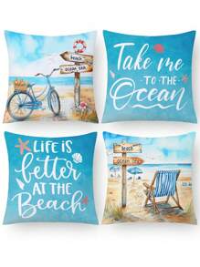 4 Stücke/set Buchstabe & Strandszenerie Kissenbezüge, Moderner Stil Samt Druck Kissenbezug, Heimdekoration Ohne Füllung, Geeignet Für Sofa/schlafzimmer