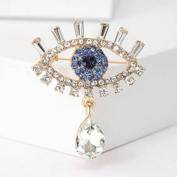 1pc Luxurious Blue Rhinestone Eye Shaped Brooch Pin With Floral Design, Delicate And High-Grade