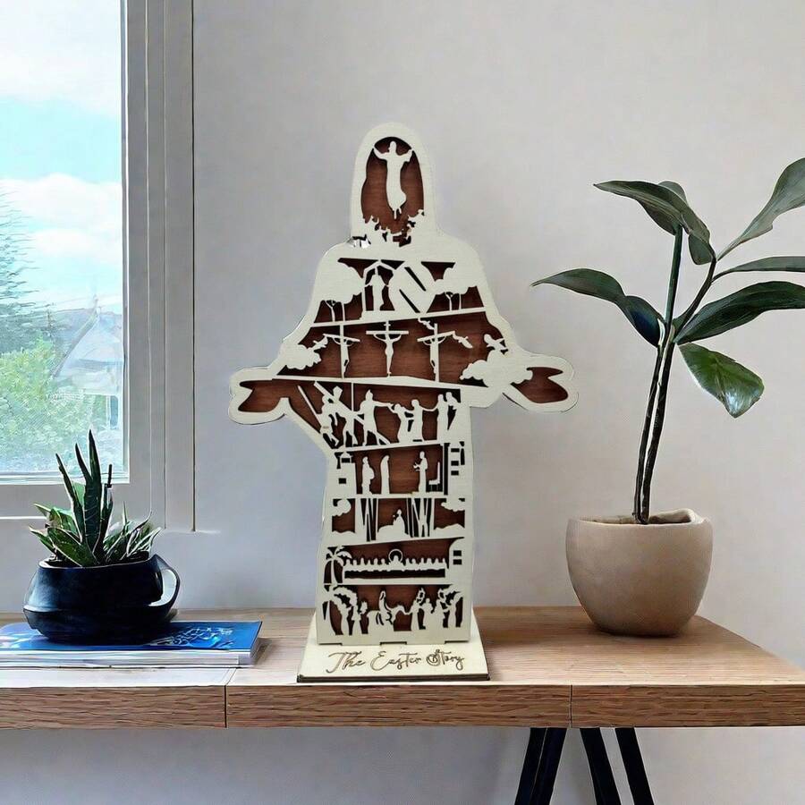 1PC  Easter Home Decor, He Is Risen Jesus Christ Sign, The Easter Story, Christianity Shelf Sitter, Christian Decoration - Camel - View 1