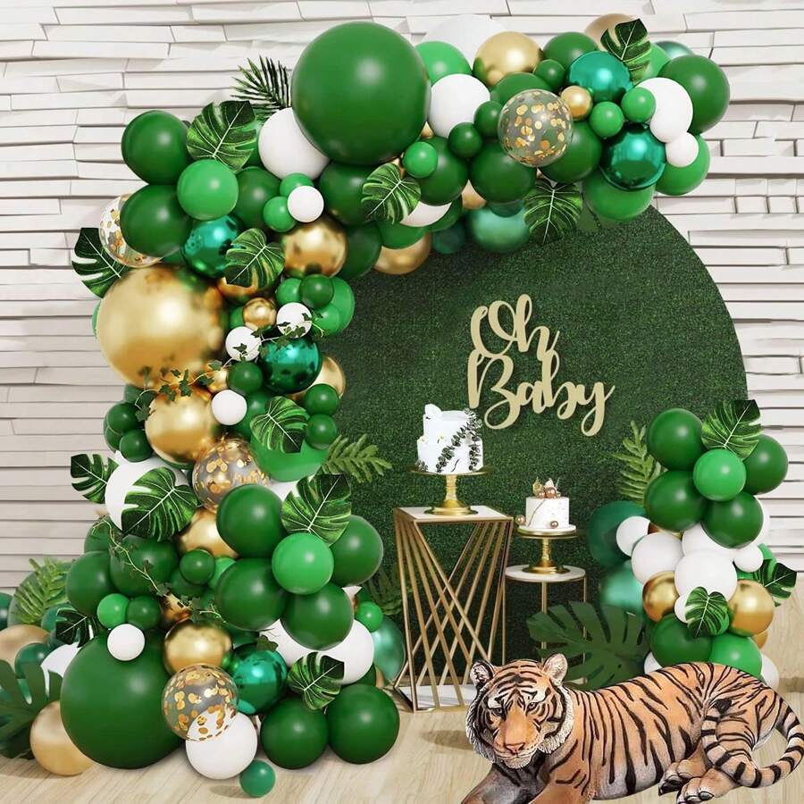 153PCS Jungle Party Balloons Garland Arch Kit, Green Gold White