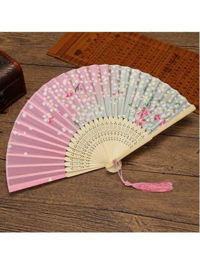 1入粉紅色花紋裝飾的風折扇,適用於派對、舞蹈、家居裝飾