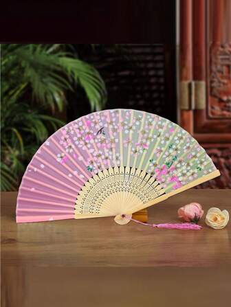 1pc Pink Flower Pattern Decor Folding Chinese Style Fan For Parties, Dance, Home Decoration Birthday Gifts Graduation