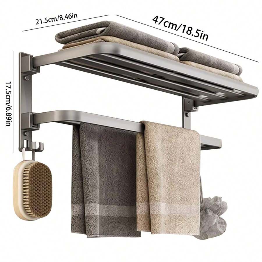 No Drill Required Foldable Towel Rack, Aluminum Bathroom Storage Shelf
