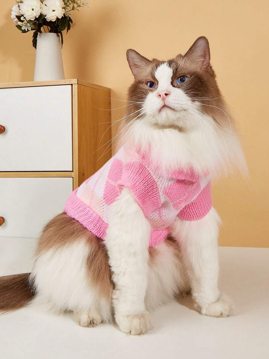 1pc Pink Plaid Knitted Pet Cat Sweater With Leg Strap Suitable For Kitten, Young Cat And Small Dog (Random Color) - Multicolor - View 1