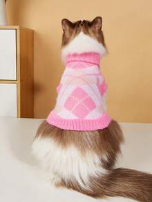 1pc Pink Plaid Knitted Pet Cat Sweater With Leg Strap Suitable For Kitten, Young Cat And Small Dog (Random Color) - Multicolor - View 3
