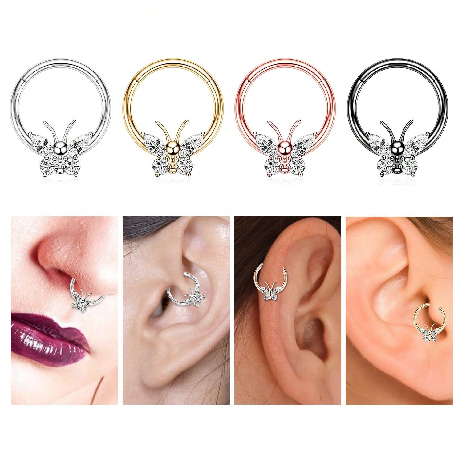 1pc 16g Cz Nose Ring, 316l Surgical Steel, Cartilage Earring, Butterfly Closure, Damper, Clicker