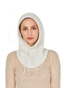 1pc Women Cashmere Wool Hooded Scarf Hat Warm Knit Beanie Bonnet With Drawstring Fake Collar Ear Face Protect Soft Balaclava Skullies - Mauve Purple - View 3