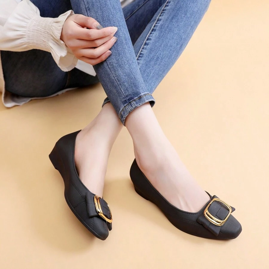 時尚甜美方頭滑入式楔型高跟鞋泵 - 黑色 - 查看 1