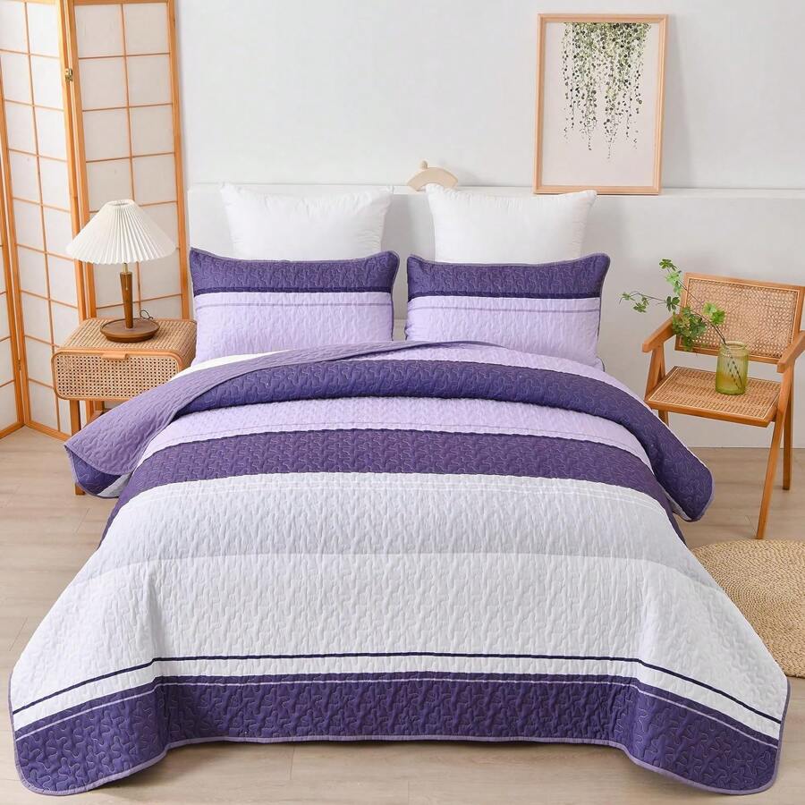 3 Pieces Dinjoy Boho Quilt Size Striped Patchwork Grey Bedspread Lightweight Boho Quilt Set Micofiber Farmhouse Quilt Set With 2 Pillowcases For All Seasons(,Purple Quilt) - Màu tím - Xem 1
