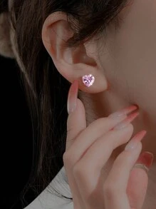 FOREVER QUEEN 1 对 S925 纯银粉色心形白色心形紫色心形橄榄绿心形红色心形香槟色心形迷你心形 Cz 耳环，3 毫米 4 毫米 5 毫米 6 毫米 7 毫米 8 毫米防过敏耳环，粉色方形紫色方形白色方形黄色方形迷你方形 Cz 耳环 - 愛心 - 查看 4