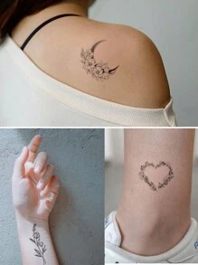 6pcs Black Feather/Butterfly/Flower/Letter Temporary Tattoo Sticker Set For Leg, Ankle, Clavicle & Neck - Black - View 4