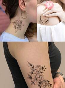 6pcs Black Feather/Butterfly/Flower/Letter Temporary Tattoo Sticker Set For Leg, Ankle, Clavicle & Neck - Black - View 5