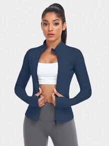 1pc Women Sporty Jacket With Thumb Hole, Slim Fit For Running & Yoga, By VUTRU - Navy Blue - View 5