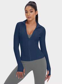 1pc Women Sporty Jacket With Thumb Hole, Slim Fit For Running & Yoga, By VUTRU - Navy Blue - View 7