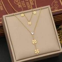 Freegrow 1pc Flower Design Stainless Steel Double-Layered Necklace Suitable For Women's Daily Wear Valentines - Gold - View 3