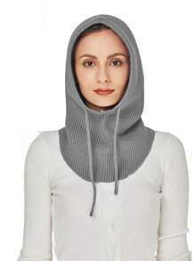 1pc Women Cashmere Wool Hooded Scarf Hat Warm Knit Beanie Bonnet With Drawstring Fake Collar Ear Face Protect Soft Balaclava Skullies - Mauve Purple - View 7