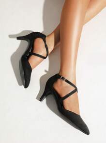 Women's Pointed Toe D'Orsay Pumps Crossed Strap Comfort Kitten Mid Heels Elegant Wedding Party Dance Ankle Strap Dress Shoes - 黑色 - 查看 3