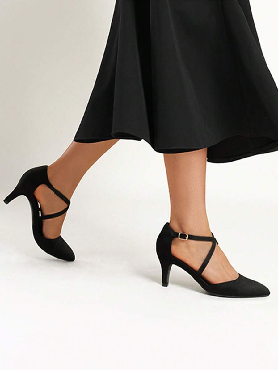 Women's Pointed Toe D'Orsay Pumps Crossed Strap Comfort Kitten Mid Heels Elegant Wedding Party Dance Ankle Strap Dress Shoes - 黑色 - 查看 1