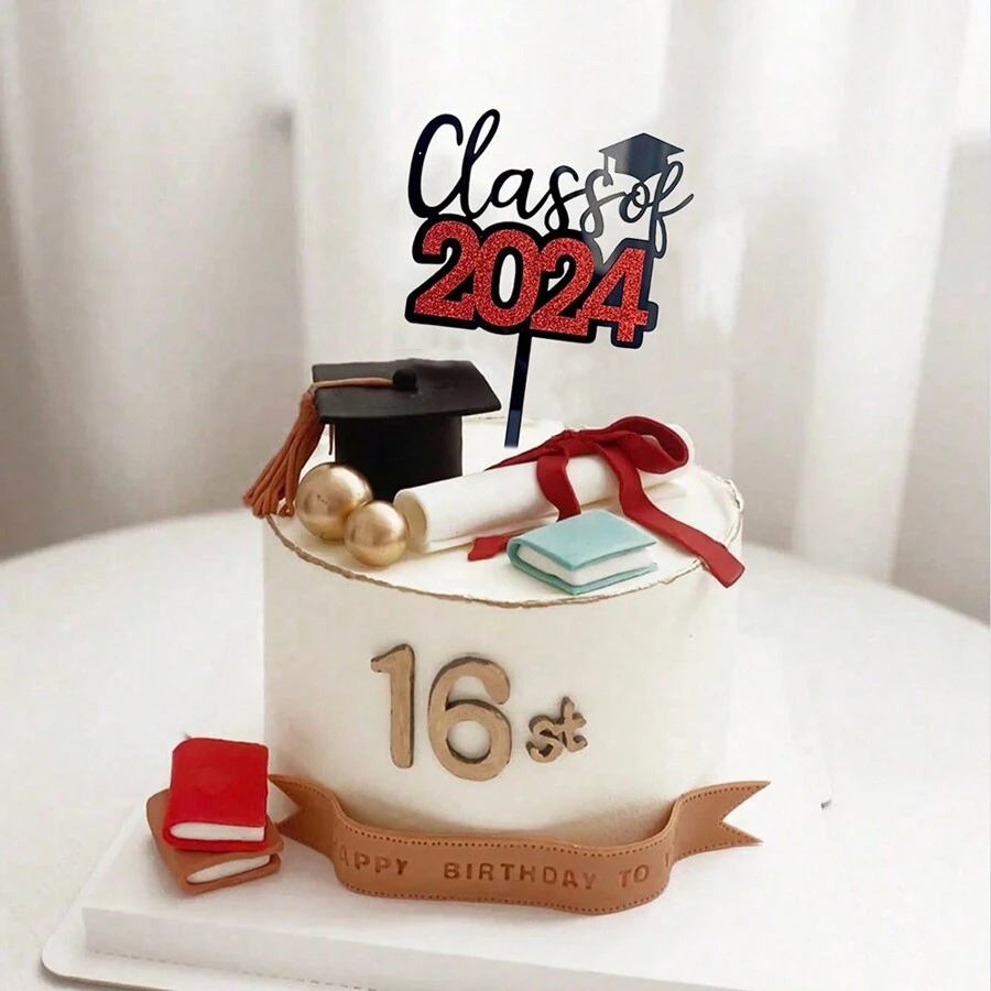 2024畢業蛋糕插旗-畢業帽插旗2024蛋糕插旗,紅黑色畢業派對裝飾2024畢業甜點裝飾 - 黑色 - 查看 1