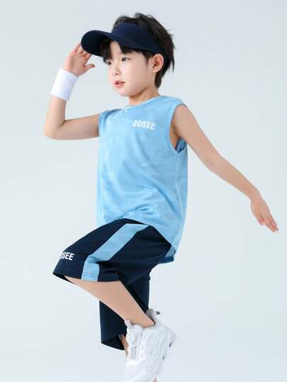 zosee 2pcs Young Boy Summer Outfit 2024 New Quick-Dry Sleeveless Letter Print Top & Shorts Set, Sporty & Summer Wear