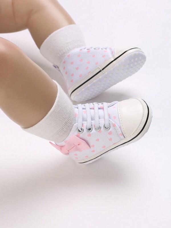 Girls' Heart & Bowknot Design Anti-Slip Canvas Flat Shoes, Suitable For All Seasons