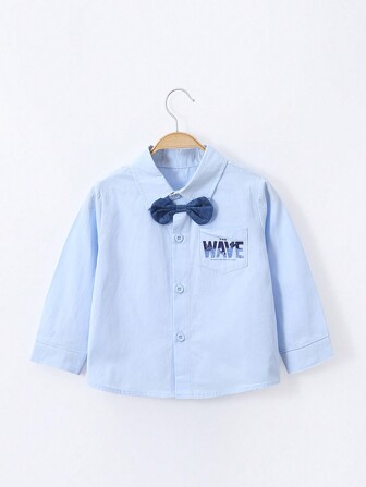 少年男童字母印花精緻蝴蝶結裝飾長袖襯衫,適用於春夏季節