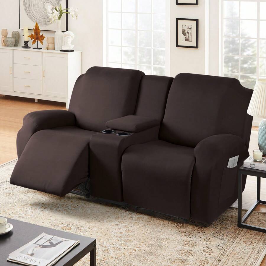 Solid Reclining Loveseat With Middle Console Couch Cover, 4 Piece Polyester Fabric Stretch Reclining Sofa Covers Chair Seat Covers For  Pets, Kids