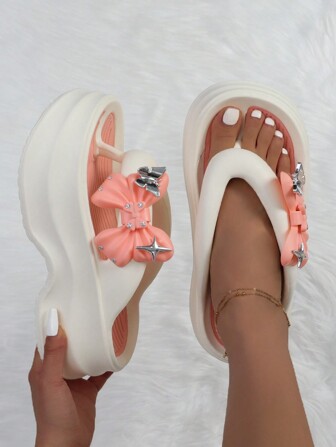 Ladies'Casual Fashionable Butterfly Patterned EVA  Thick-Soled Increase High Slippers Outdoor Comfy Pink Flip Flops