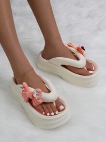 Ladies'Casual Fashionable Butterfly Patterned EVA  Thick-Soled Increase High Slippers Outdoor Comfy Pink Flip Flops