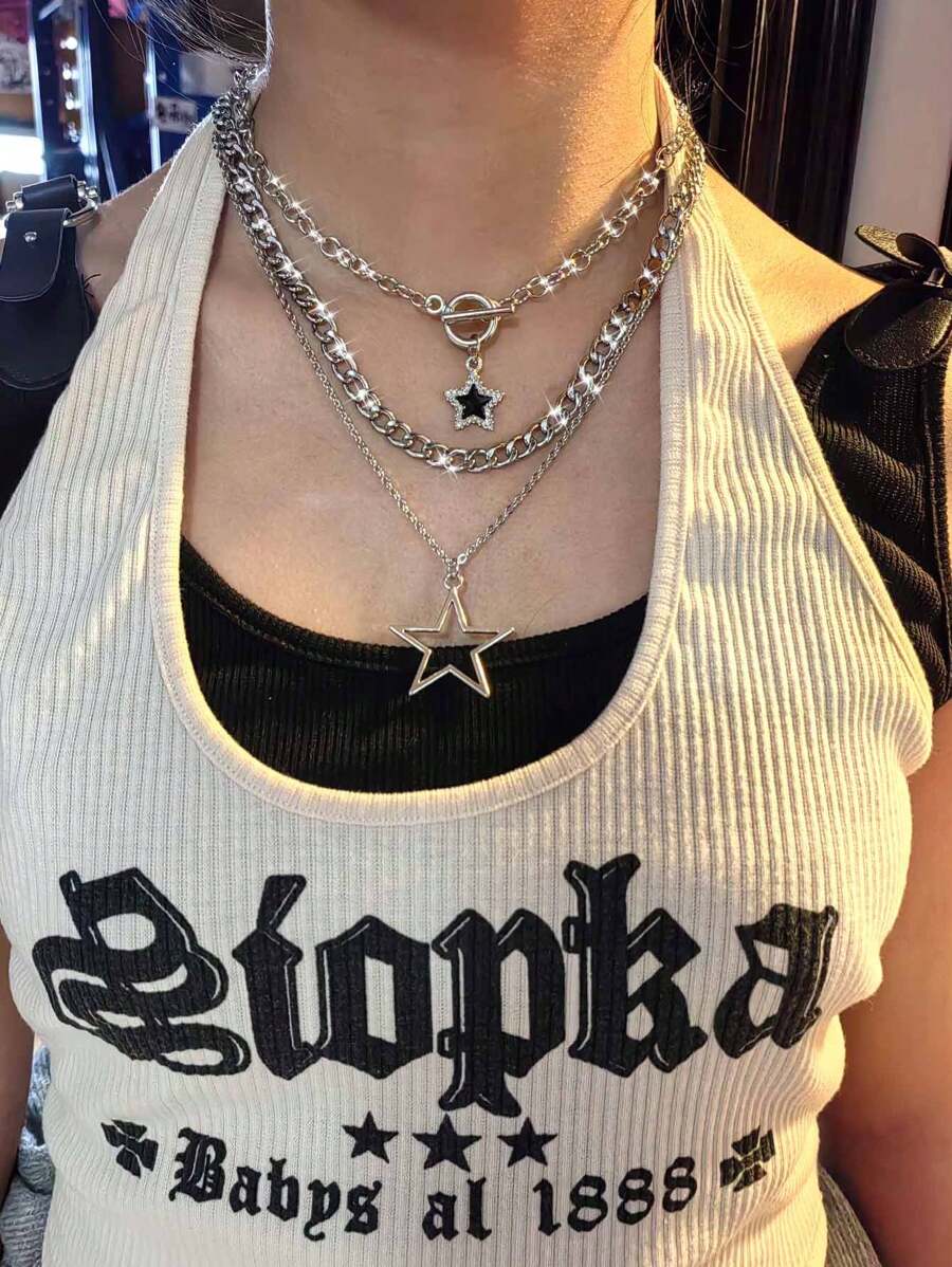 3pcs Y2K Gô-tích Vintage Nhạc Punk Rock Phong cách Hình sao Pha lê Dát Vòng cổ choker Bộ , Hip-hop Boho Chic Ngôi sao Vật rủ xuống Thép không gỉ Liên kết Dây chuyền Đồ trang sức Bộ dụng cụ - Bạc - Xem 1