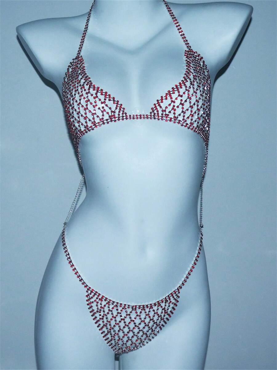 夜店幾何形狀鑽石比基尼鏈套裝，派對閃閃發光的水晶身鏈 - 紅色 - 查看 1