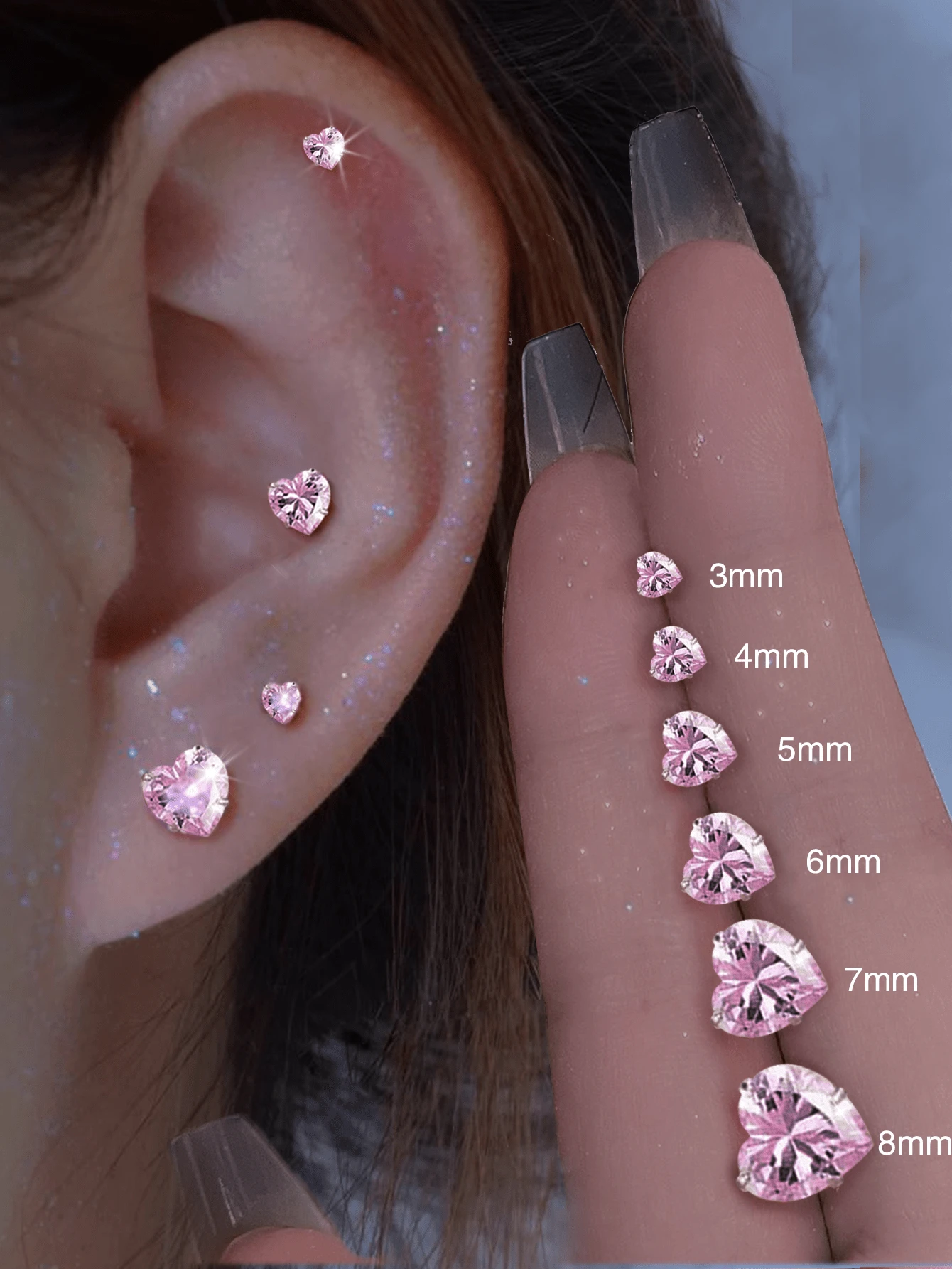 FOREVER QUEEN 1 对 S925 纯银粉色心形白色心形紫色心形橄榄绿心形红色心形香槟色心形迷你心形 Cz 耳环，3 毫米 4 毫米 5 毫米 6 毫米 7 毫米 8 毫米防过敏耳环，粉色方形紫色方形白色方形黄色方形迷你方形 Cz 耳环 - 愛心 - 查看 1