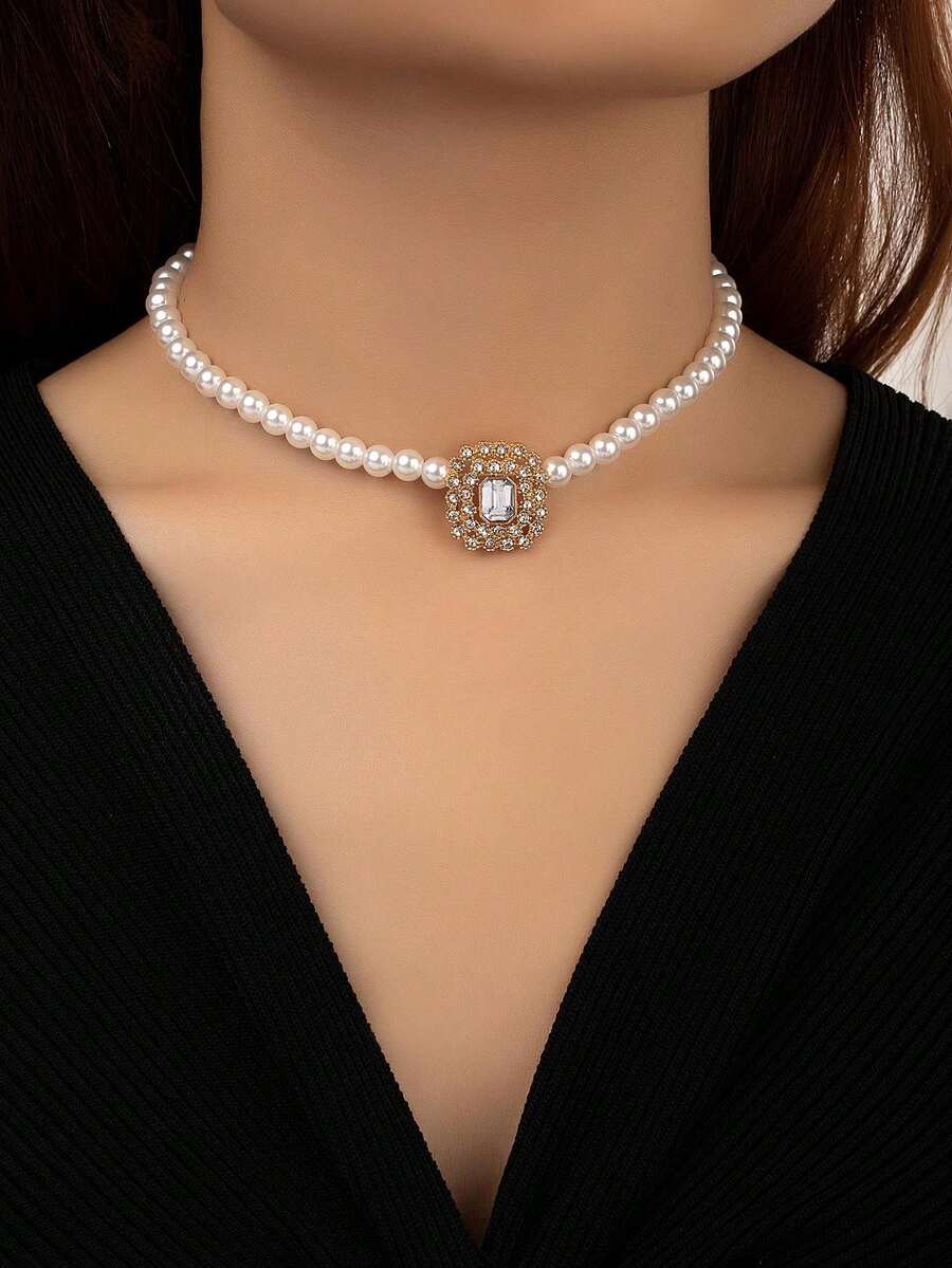 1 chiếc vòng cổ choker hình vuông hình học ngọc trai giả phong cách ngày lễ đính đá toàn bộ - Nhiều màu - Xem 1