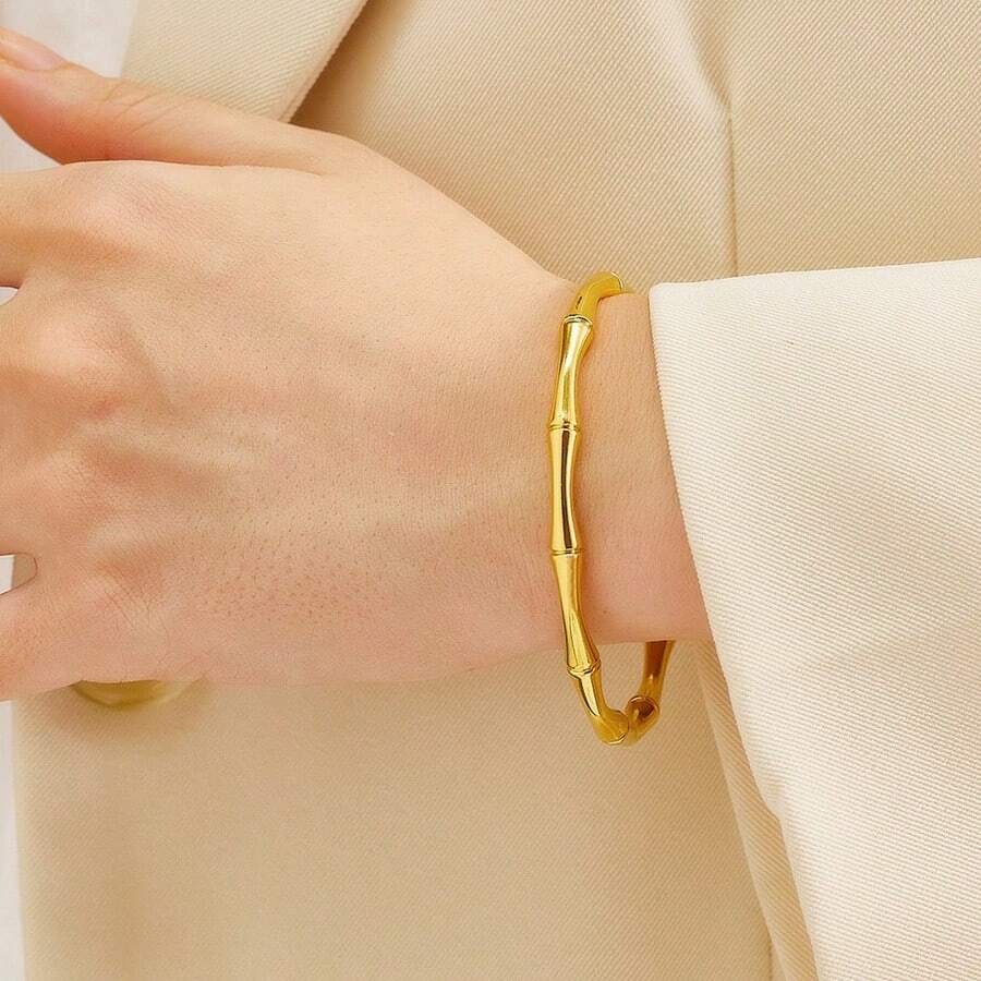 1 Pulsera De Acero Inoxidable Con Forma De Elipse Abierta Con Detalles De Bambú Chapado En Oro De 18k Para Hombres Y Mujeres