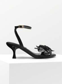 Women Kitten Heeled Sandals With Flower Decor, Elegant Square Open Toe Ankle Strap Summer Sandals For Wedding Party Daily Wearing - Black - View 5