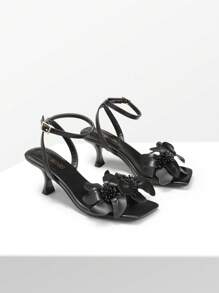 Women Kitten Heeled Sandals With Flower Decor, Elegant Square Open Toe Ankle Strap Summer Sandals For Wedding Party Daily Wearing - Black - View 7