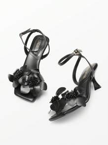 Women Kitten Heeled Sandals With Flower Decor, Elegant Square Open Toe Ankle Strap Summer Sandals For Wedding Party Daily Wearing - Black - View 6
